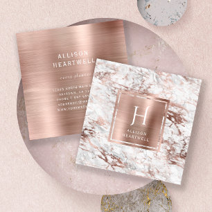 Vit Grå Marmor Rosa Guld Borstad Folie Monogram Fyrkantigt Visitkort
