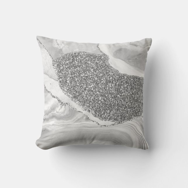 Vit Grå Silver Glitter Lyx Agat Geod Kudde (Framsida)