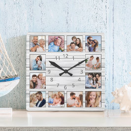Vit Grå Trä Anpassad Foto Collage Elegant Fyrkantig Klocka