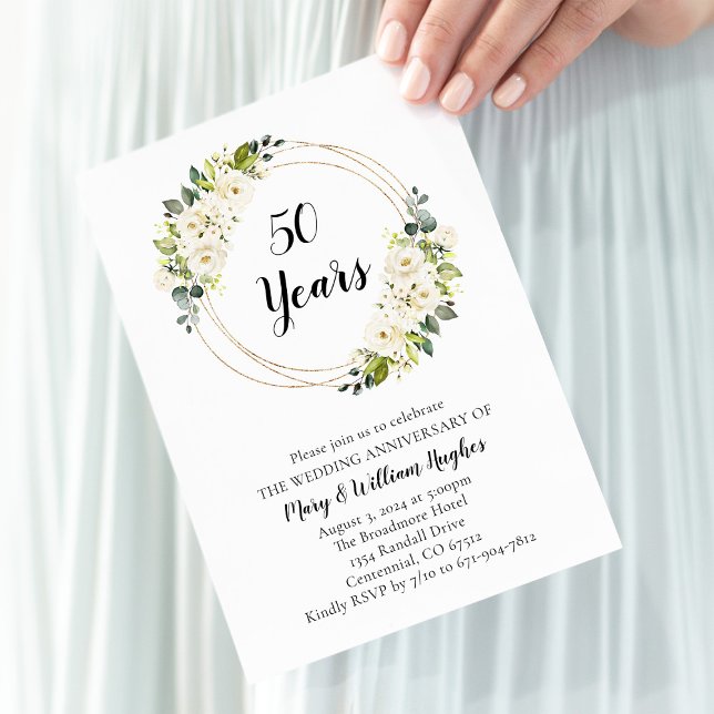 Vit grädda Floral 50:e bröllopsdagen Inbjudningar (Skapare uppladdad)