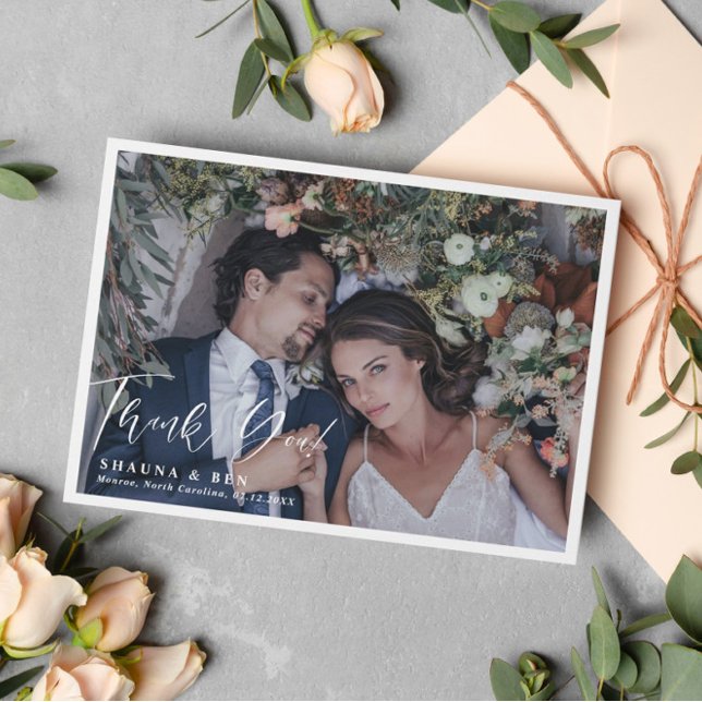 Vit Gräns-kallgrafi, överlägg av Bröllop-foto Tack Kort (Skapare uppladdad)