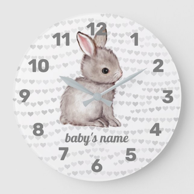 Vit Grått Bunny Heart Nursery Decor Wall Clock Stor Klocka (Framsida)