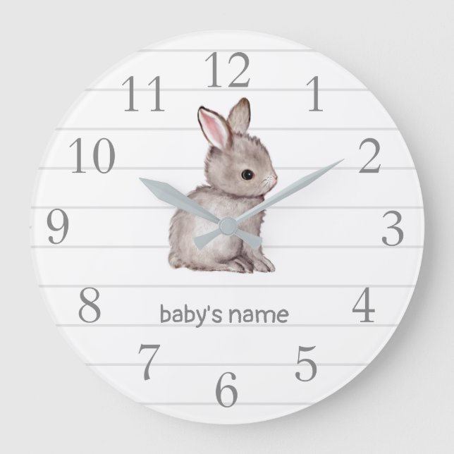 Vit Grått Bunny Nursery Decor Wall Clock Stor Klocka (Framsida)