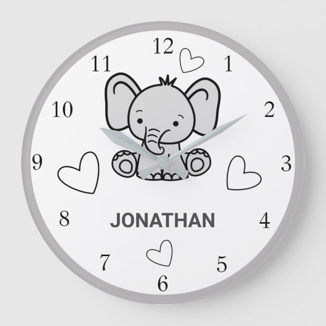 Vit Grått Cute Elephant Nursery Wall Clock Stor Klocka (Framsida)