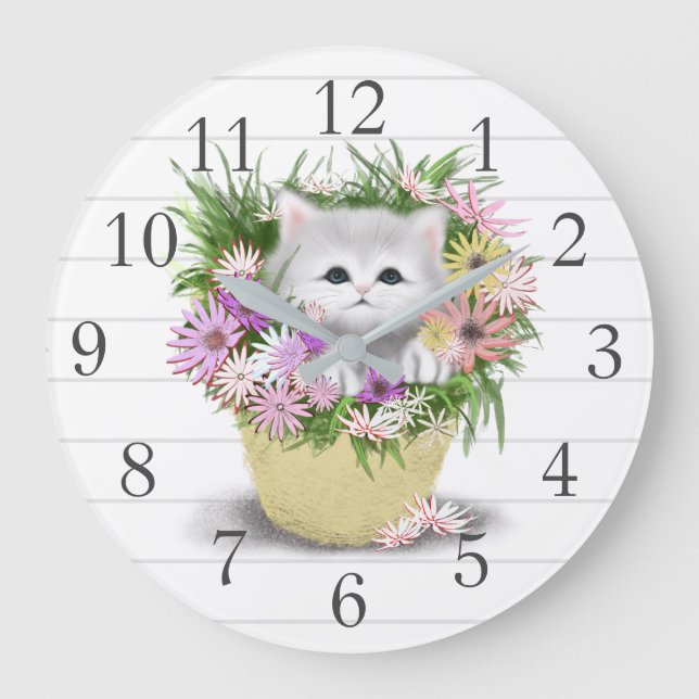 Vit Grått Kitten Wall Clock Stor Klocka (Framsida)