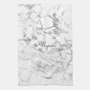 Vit & Grått Marble DIY Mörk Grått Namn eller Monog Kökshandduk
