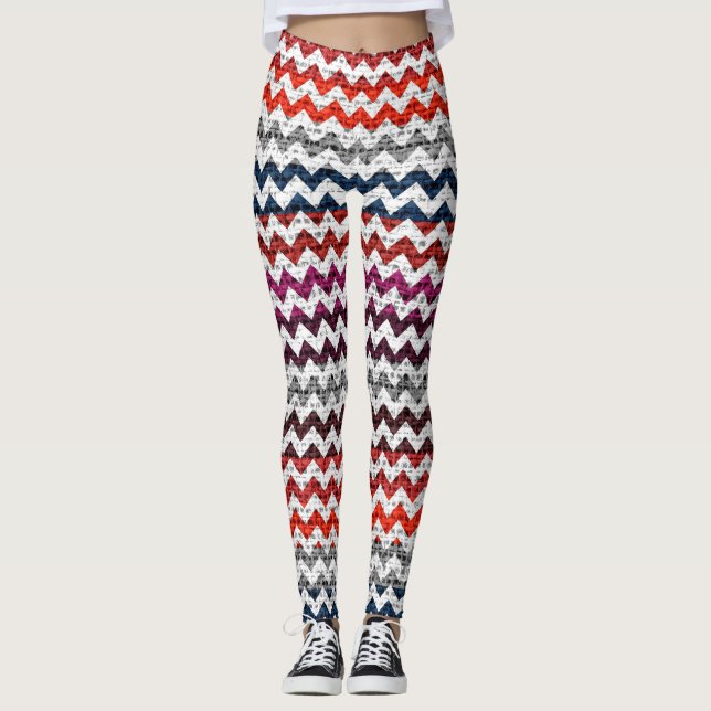 Vit Grått Red Chevron Mönster Burlap-utseende Leggings (Framsida)
