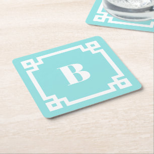 Vit grekisk nyckel kant akva blå monogram underlägg papper kvadrat