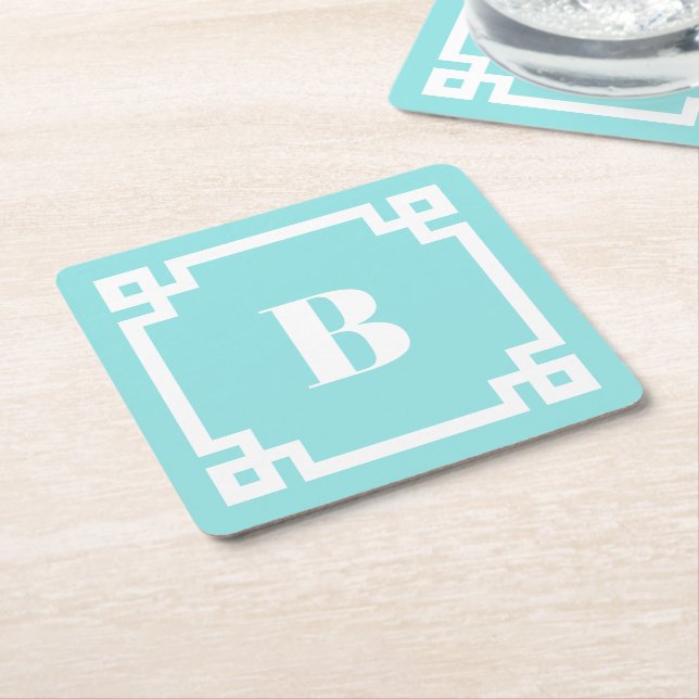 Vit grekisk nyckel kant akva blå monogram underlägg papper kvadrat (Vinklad)