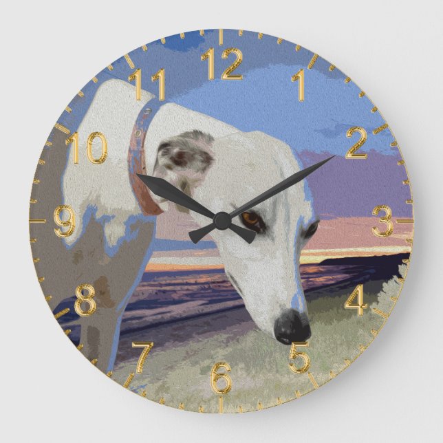 Vit greyhound Oil Paint, Wall Clock Stor Klocka (Framsida)