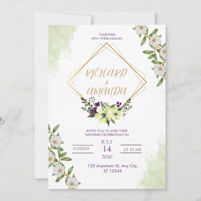 Vit & Grön Akvarell Blommig Bröllopsinbjudan Inbjudningar (Framsida)