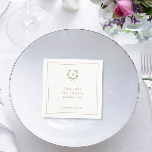Vit grön champagne monogram krans födelsedag pappersservett (Skapare uppladdad)