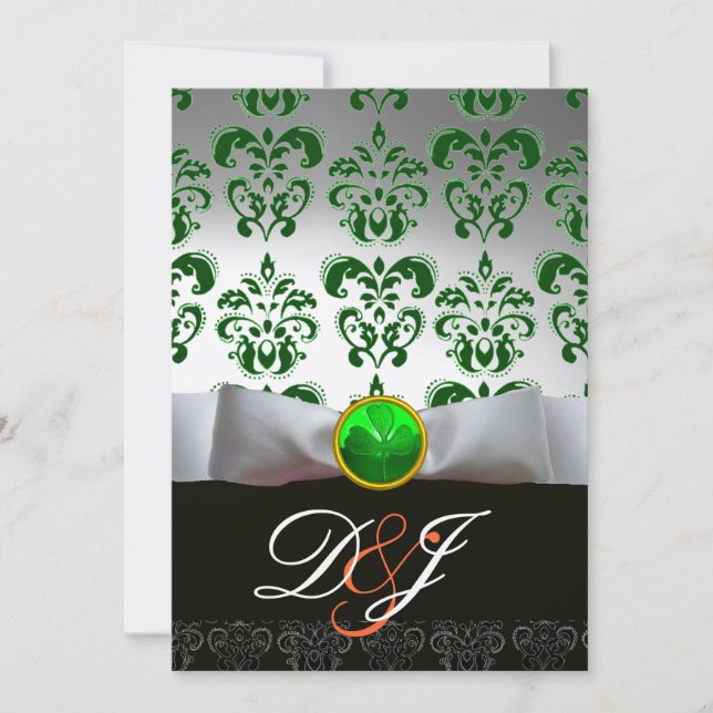 VIT GRÖN DAMASK & SHAMROCK MONOGRAM GULD Orange Inbjudningar (Framsida)