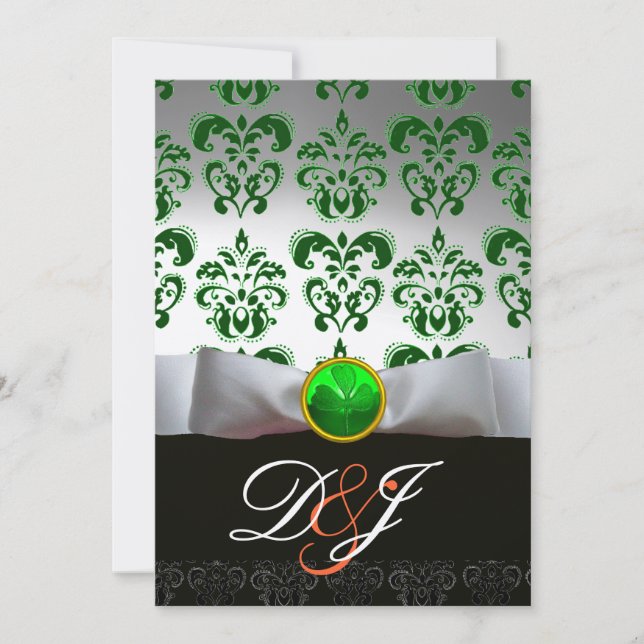 VIT GRÖN DAMAST & SHAMROCK MONOGRAM GULD Orange Inbjudningar (Framsida)