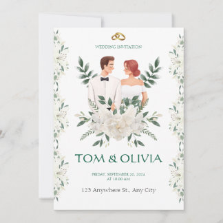 Vit & Grön Minimalistisk Blommig Bröllopsinbjudan Inbjudningar