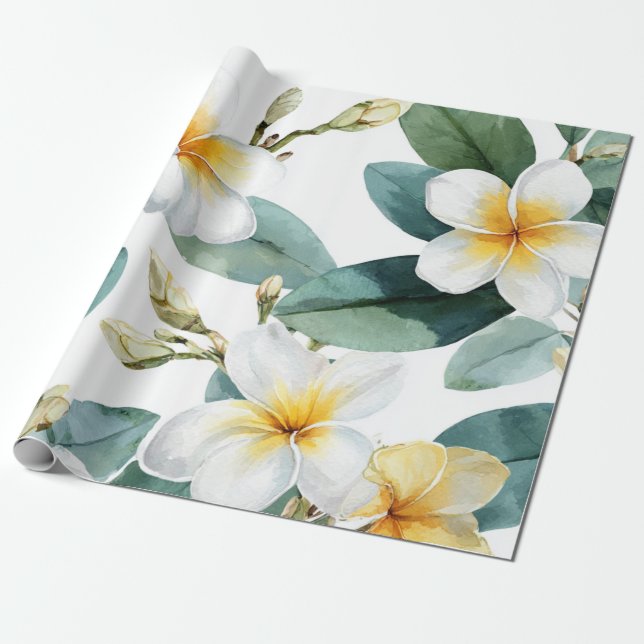 Vit Grön Plumeria Hawaii Tropisk Frangipani Presentpapper (Utrullad)