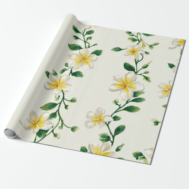 Vit Grön Plumeria Hawaii Tropisk Frangipani Presentpapper (Utrullad)
