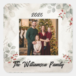 Vit Grönskande Familj Foto Jul Klistermärke