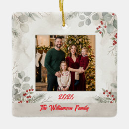 Vit Grönskande Familjefoto Jul Keramik Julgransprydnad Keramik