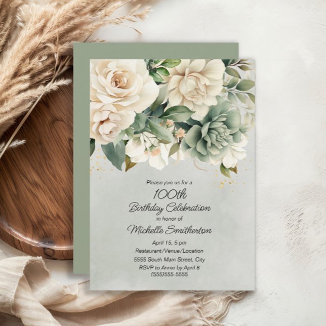 Vit Grönt Blommigt Guld 100 födelsedagar Inbjudningar (White and sage green floral 100th birthday invitation)