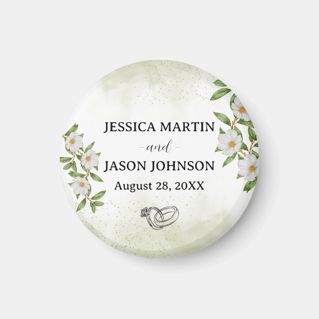 Vit Grönt Blommigt Vattenfärg Bröllop Magnet (Framsidan)