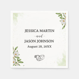 Vit Grönt Blommigt Vattenfärg Bröllop Pappersservett