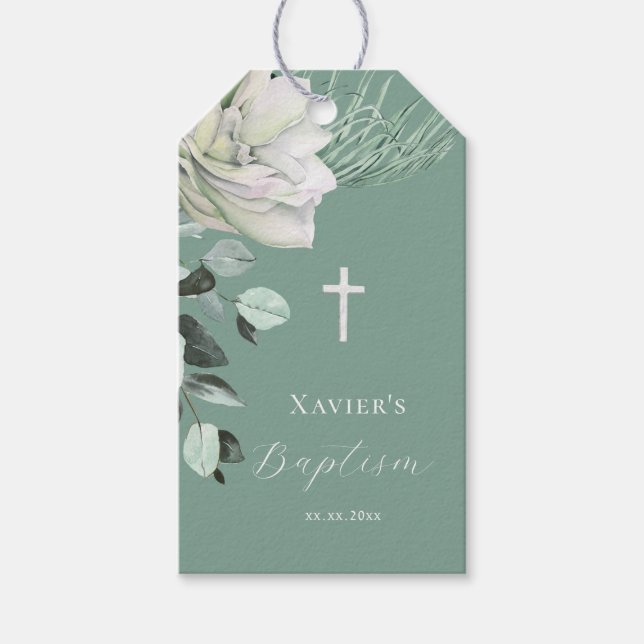 vit grönt bouquet Baptism Presentetikett (Framsidan)