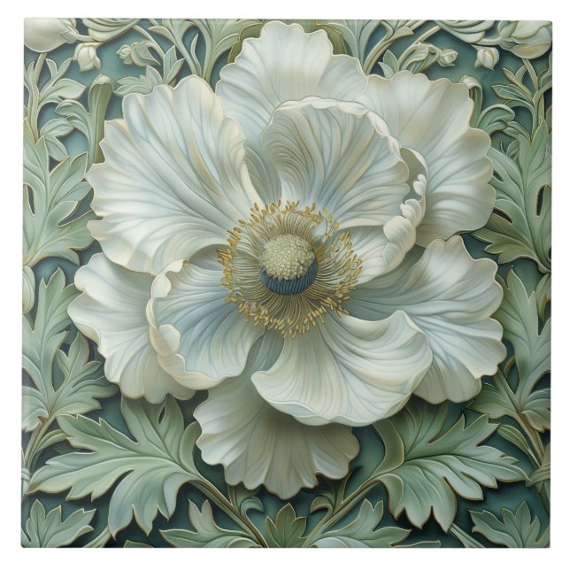 Vit Grönt Flower Art nouveau Kakelplatta (Framsidan)