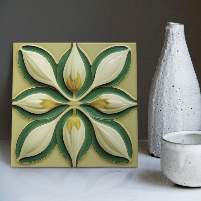 Vit Grönt Tulips Symmetric Art Deco Ceramic Tile Kakelplatta (Skapare uppladdad)