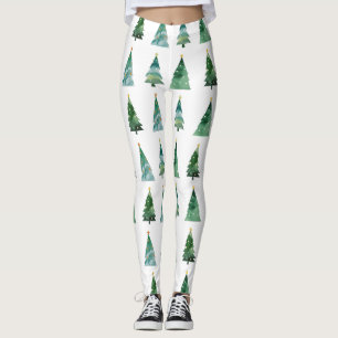 Vit Grönt Vattenfärg Vintern Träd jul Leggings