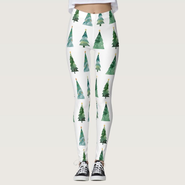 Vit Grönt Vattenfärg Vintern Träd jul Leggings (Framsida)