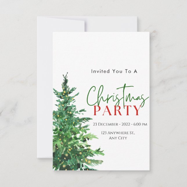 Vit Grönt Vattenfärgad jul Inbjudningar (Framsida)