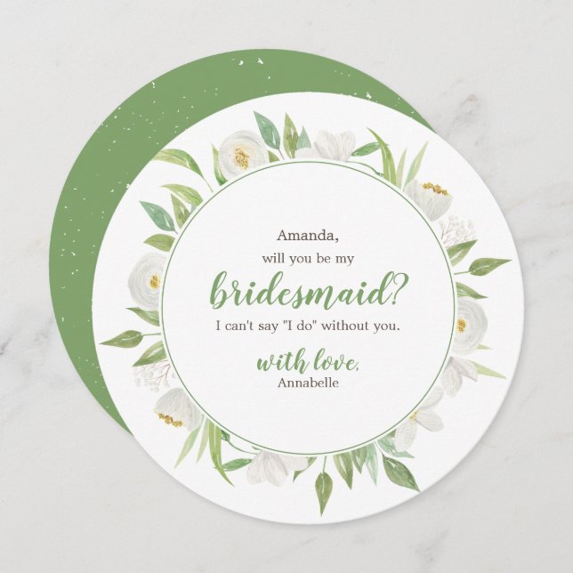 Vit- & gröntblommigten ska dig är min brudtärna inbjudningar (Fram/baksida)