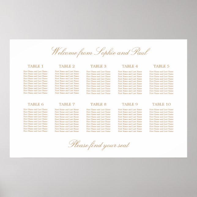 Vit Guld Beige 10 Bord Bröllops Sittplatskarta Poster (Framsidan)