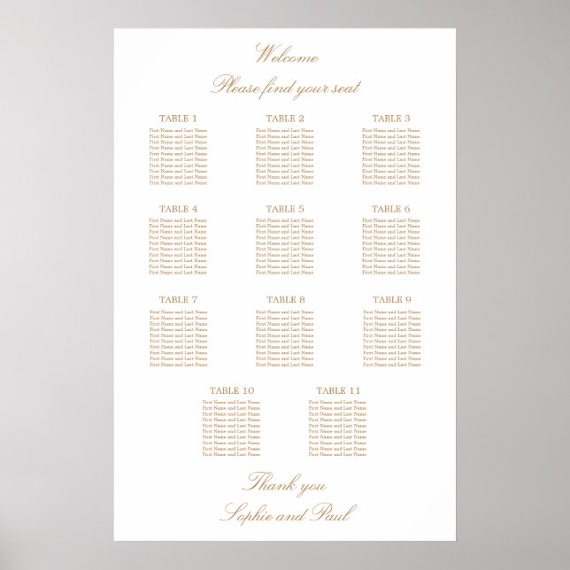 Vit Guld Beige 11 Bord Bröllop Placeringsplan Poster (Framsidan)