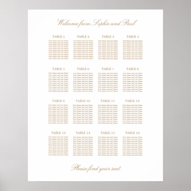 Vit guld beige 16 Bord Bröllop Placeringsplan Poster (Framsidan)