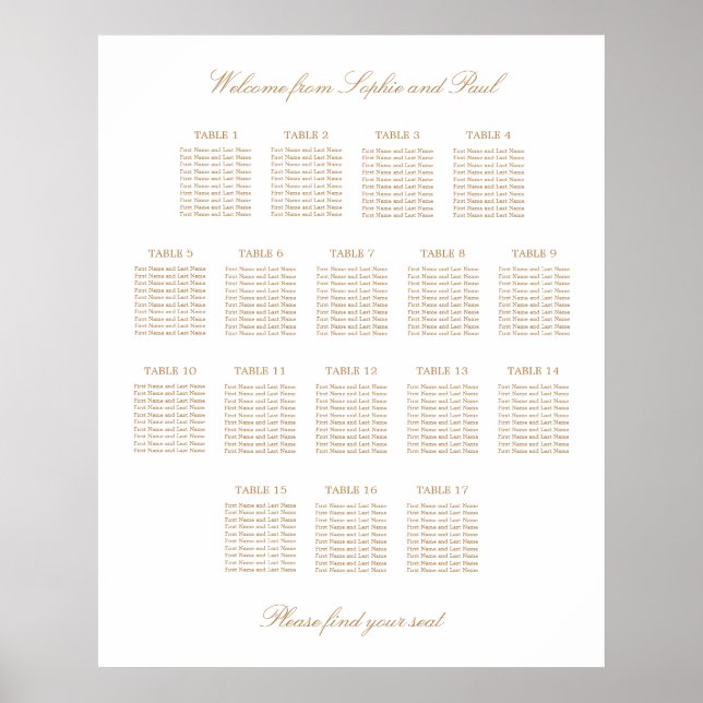 Vit Guld Beige 17 Bord Bröllop Placeringsplan Poster (Framsidan)