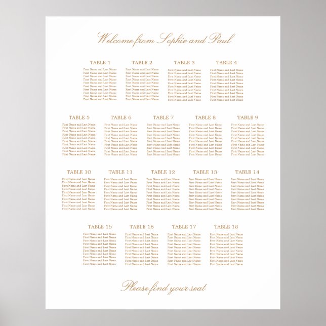 Vit Guld Beige 18 Bord Bröllop Placeringsplan Poster (Framsidan)