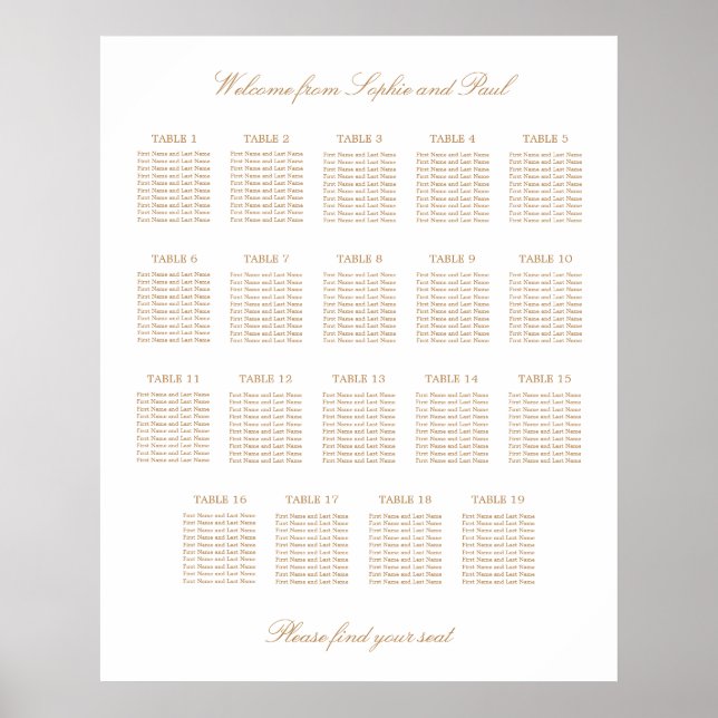 Vit Guld Beige 19 Bord Bröllop Placeringsplan Poster (Framsidan)
