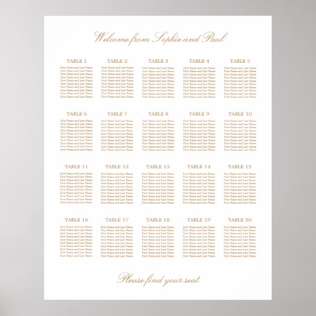 Vit Guld Beige 20 Bord Bröllop Placeringsplan Poster (Framsidan)