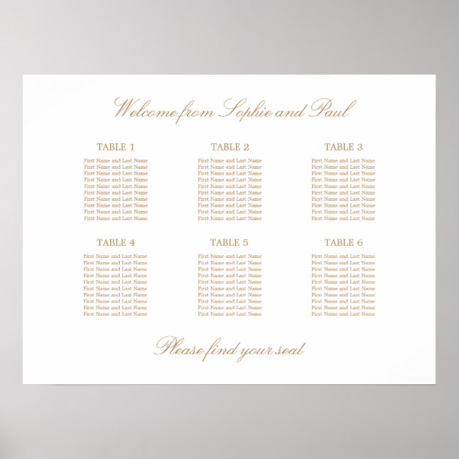 Vit Guld Beige 6 Bord Bröllops Sittplatskarta Poster (Framsidan)