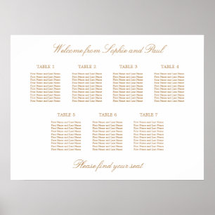 Vit Guld Beige 7 Bord Bröllops Sittplatskarta Poster
