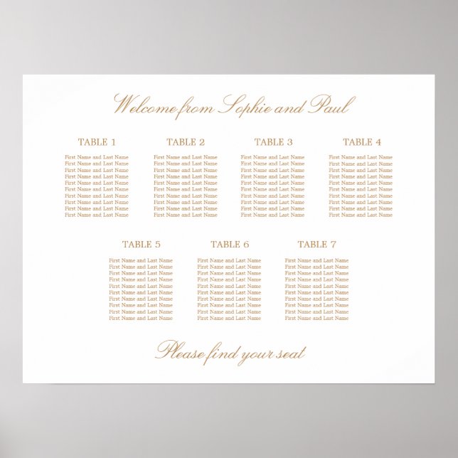 Vit Guld Beige 7 Bord Bröllops Sittplatskarta Poster (Framsidan)