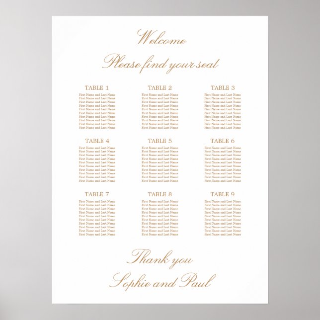 Vit Guld Beige 9 Bord Bröllop Placeringsplan Poster (Framsidan)