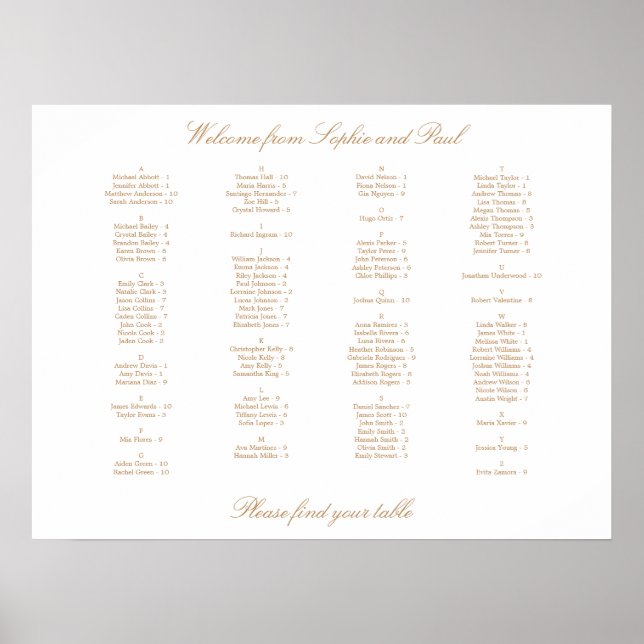 Vit Guld Beige Alfabetisk Placeringsplan Poster (Framsidan)
