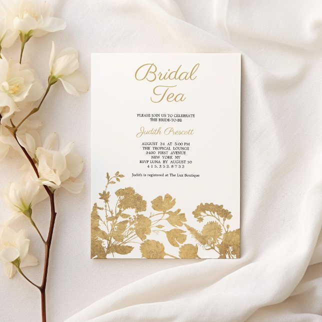 Vit guld blomma bröllopsfest Tea party Bridal Show Inbjudningar (White gold flower bridal tea party Bridal Shower )