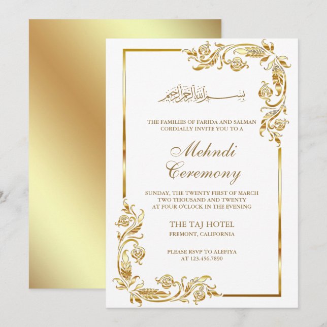 Vit guld blommig kant islamisk Mehndi-ceremoni Inbjudningar (Fram/baksida)
