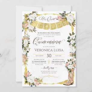 vit Guld-Blommigt, Boot Quinceanera Inbjudningar