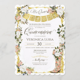  vit Guld-Blommigt, Boot Quinceanera Inbjudningar