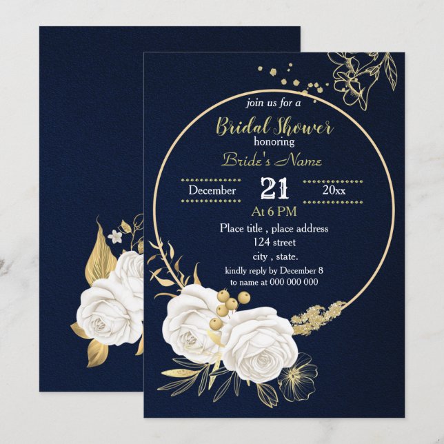 vit guld-blommigt, marin blå möhippa inbjudningar (Fram/baksida)
